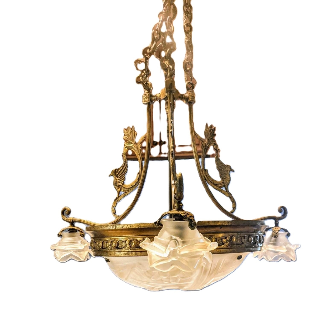 Art Deco Brass and Frosted Art Glass French 1930s Chandelier Signed "Degue"